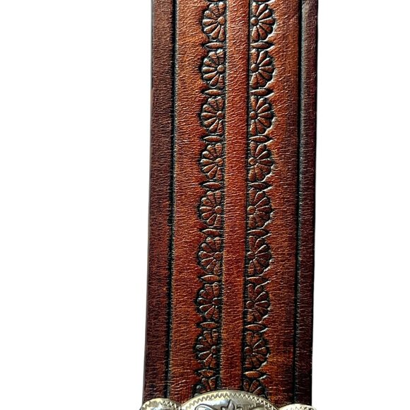 Brighton Leather Belt Floral Embossed Patterns & Silver Tone Buckle 33"-37" - Picture 7 of 16